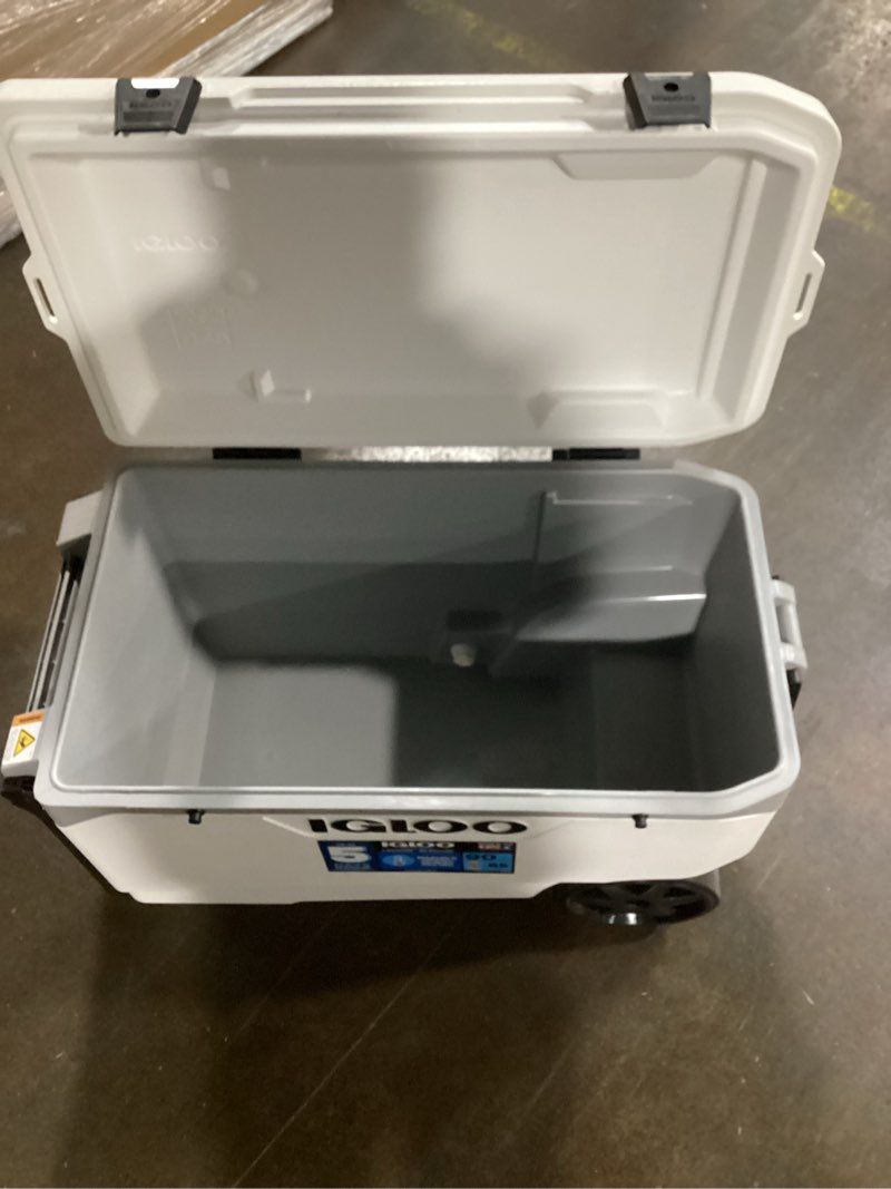 Condition photo showing As Is for Igloo Latitude 137 Cans 90 Quart Rolling Cooler - White: Polyethylene, Tow Handle