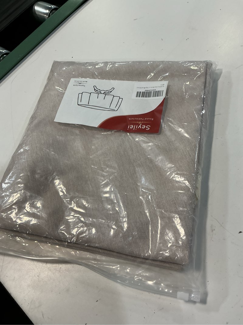 Condition photo showing New/Like New for faux linen round tablecloth with lace trim solid heavy weight burlap tablecloth for banquet, parties, dinner,kitchen,wedding,coffee,holiday (beige round 60 inch)