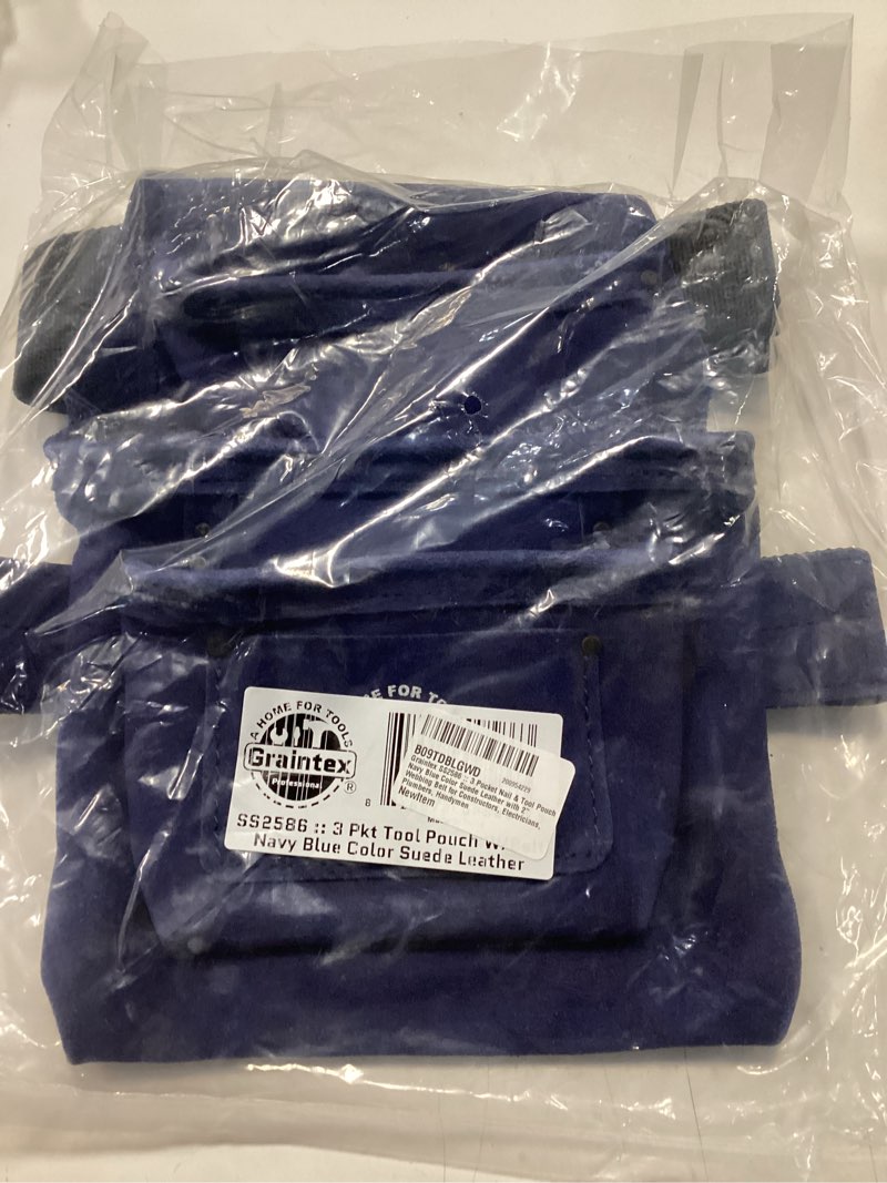 Condition photo showing New/Like New for Graintex SS2586 :: 3 Pocket Nail & Tool Pouch Navy Blue Color Suede Leather with 2” Webbing Belt for Constructors, Electricians, Plumbers, Handymen