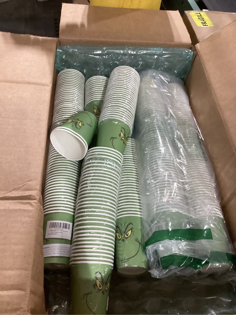 Condition photo showing Good Condition for 60Pcs Merry Christmas Paper Cups Whoville Grinchmas Chocolate Cocoa Tea Cups Green Elf Disposable 9oz Paper Cup for Xmas Winter Holiday Party Table Decoration