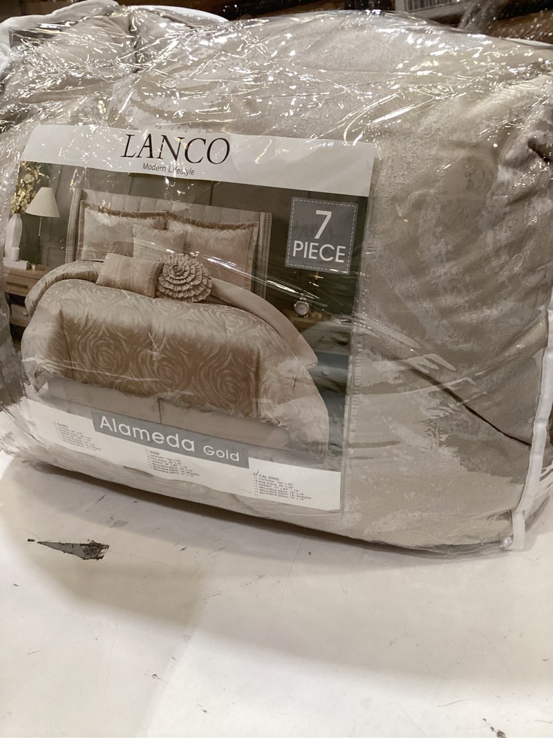 Condition photo showing Good Condition for grand avenue gold floral comforter set, 7 piece california king size, jacquard with matching solid microfiber piece work, all season bedding sets, matching bedskirt, pillow shams, home décor gold california king