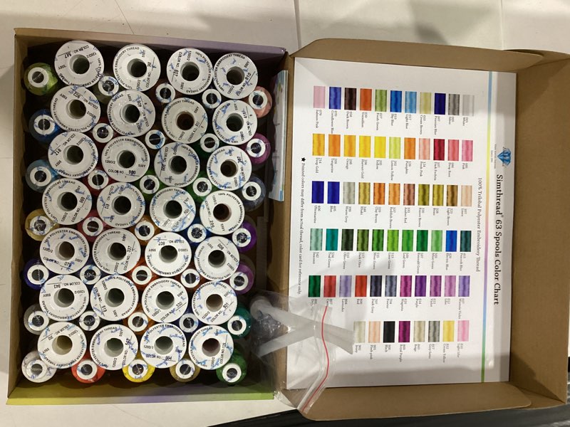 Condition photo showing Good Condition for simthread 63 colors polyester compatible with brother embroidery machine thread kit 40 weight compatible with brother babylock janome singer pfaff husqvarna bernina embroidery sewing machines 550y