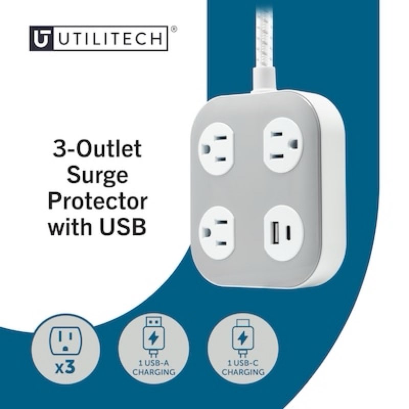 utilitech 6-ft surge protector 3 -outlet 250 joules 1875 -watts white indoor wall tap surge protector