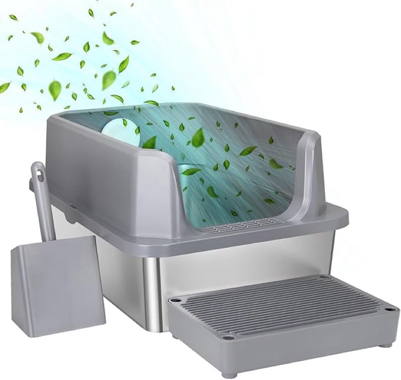 rizzari large stainless steel cat litter box: open top leak-proof large cat pan - odor control for indoor multi-cat homes (gray)