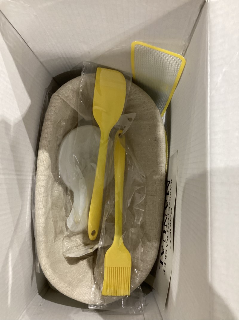 Condition photo showing As Is for Sourdough Starter Kit, 9" Round & 10" Oval Banneton Bread Proofing Baskets Set, Sourdough Bread Baking Supplies Making Tools with Dough Scraper, Whisk, Bread Lame, Silicone Sling, Recipe