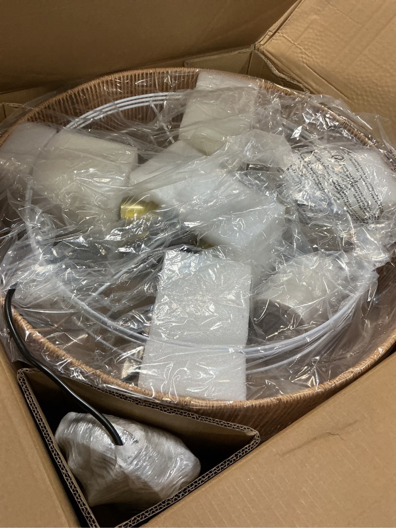 Condition photo showing Good Condition for Large White Rattan Chandeliers, 22.4in Boho Pendant Light with Shade, Woven Hemp Rope Hanging Ceiling Lights, Wicker Lighting Fixture for Living Room, Dining Room, Kitchen Island, Bedroom Brown and White 22.4in