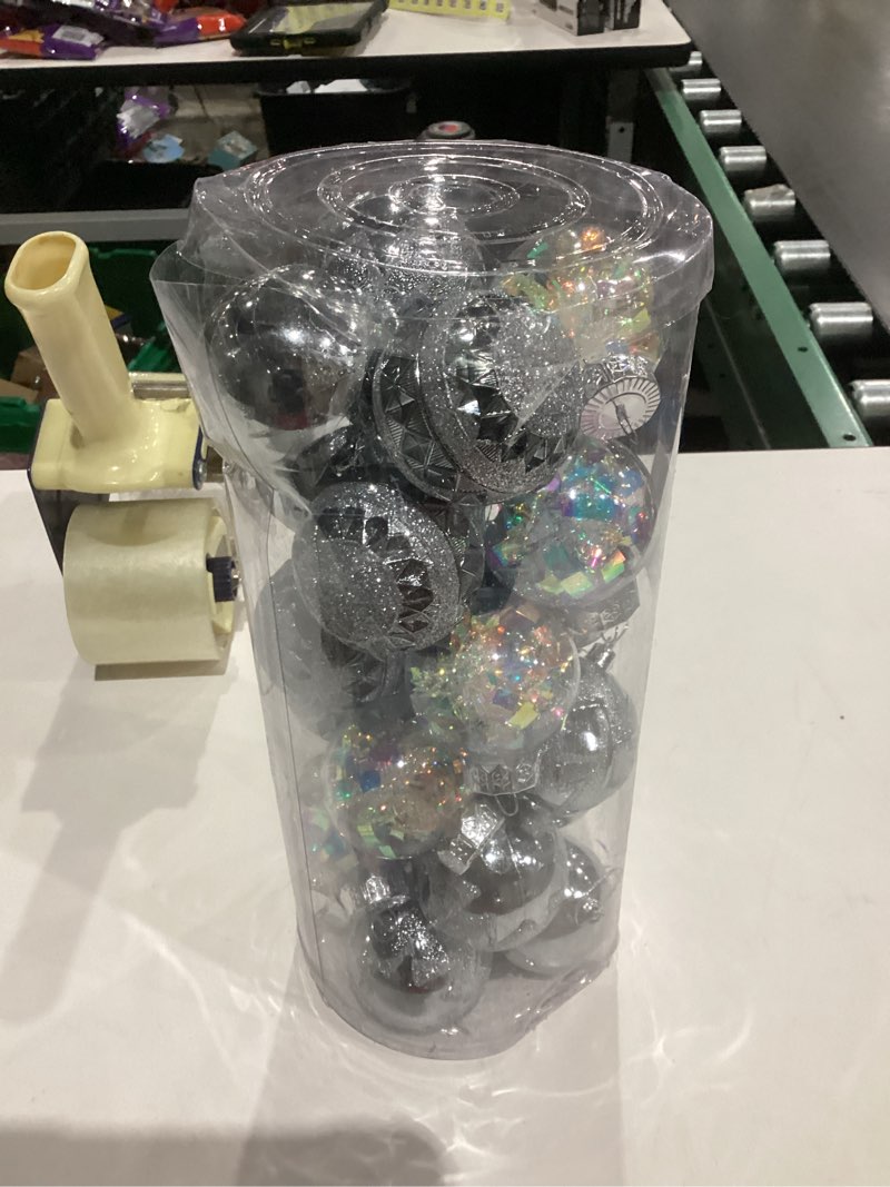 Condition photo showing As Is for 24 Pcs Christmas Balls, 2.6in Christmas Decorations Balls Plastic Ornament Ball with Shining String Hanging for Christmas Tree Decoration Grey