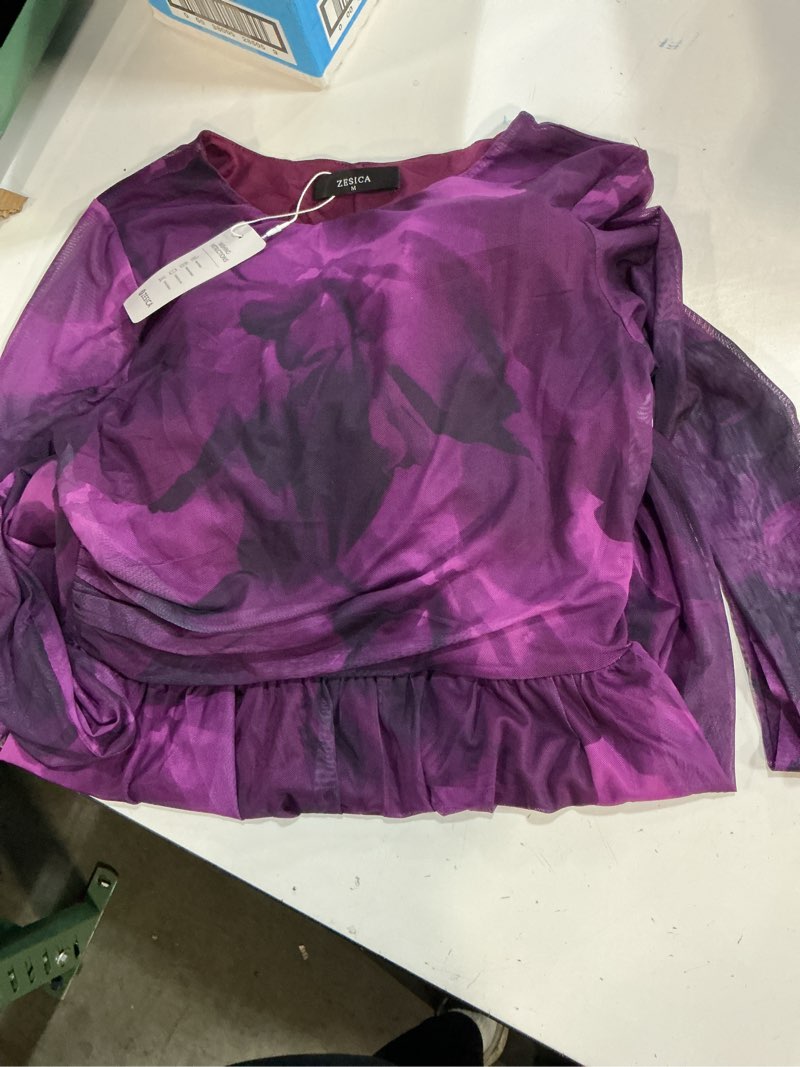 Condition photo showing Good Condition for zesica women's long sleeve floral bodycon dress 2026 spring fall ruched mesh wedding guest cocktail party maxi dresses tie dye purple medium