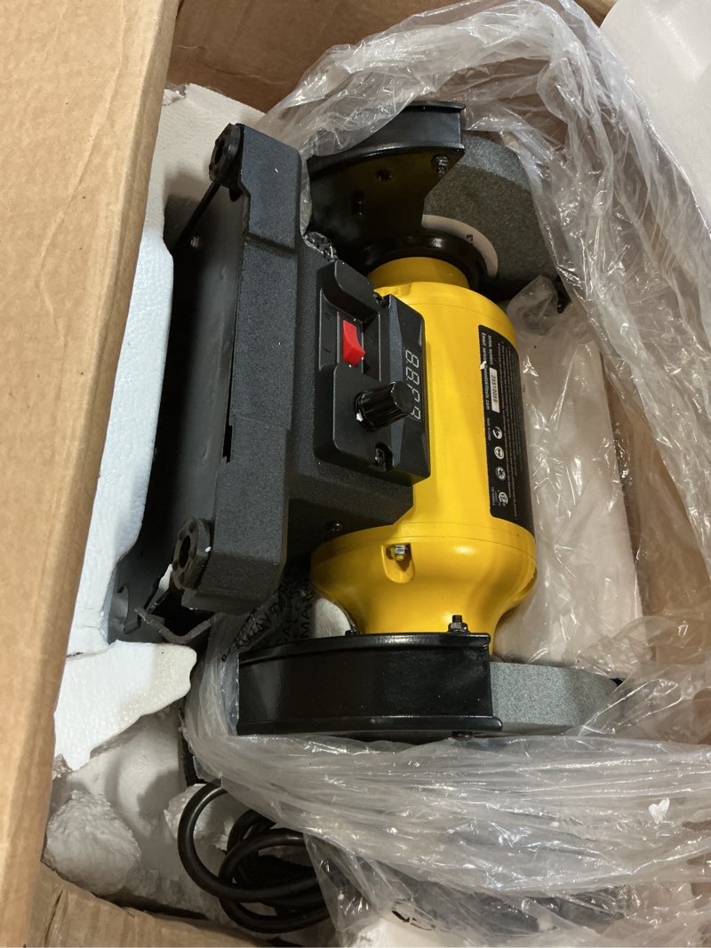 Condition photo showing As Is for digital display 8 inch variable speed bench grinder, 3/4hp 5.0 amp power bench grinder with work light, adjustable tool rest and cast iron base for knife, chisel 8" variable speed grinder