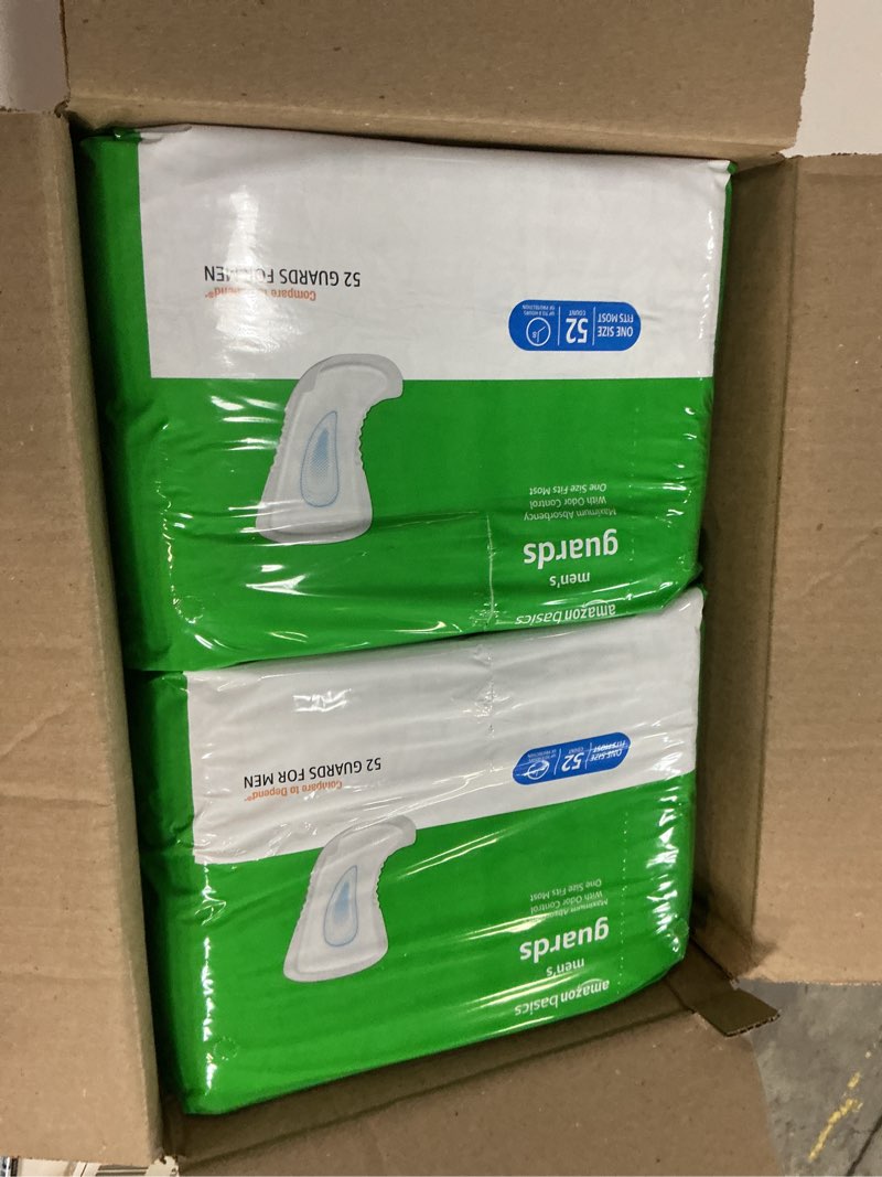 Condition photo showing New/Like New for amazon basics men's incontinence guards, maximum absorbency, moisture-wicking with odor protection, one size fits most, 104 count (2 packs of 52)