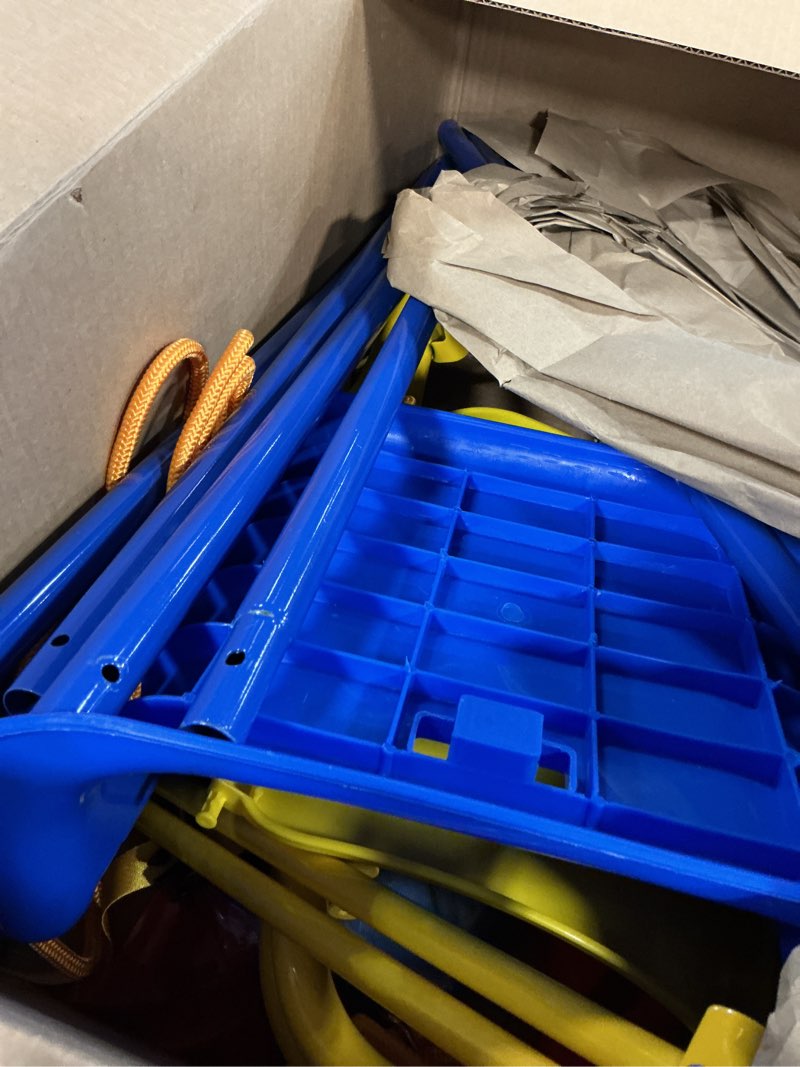 Condition photo showing As Is for FUNLIO Toddler Swing with Foldable Metal Stand for Toddlers Aged 1~10 Years, 3-in-1 Baby Swing Set with 4 Sandbags for Backyard/Indoor/Outdoor Play, Easy to Assemble & Store Blue