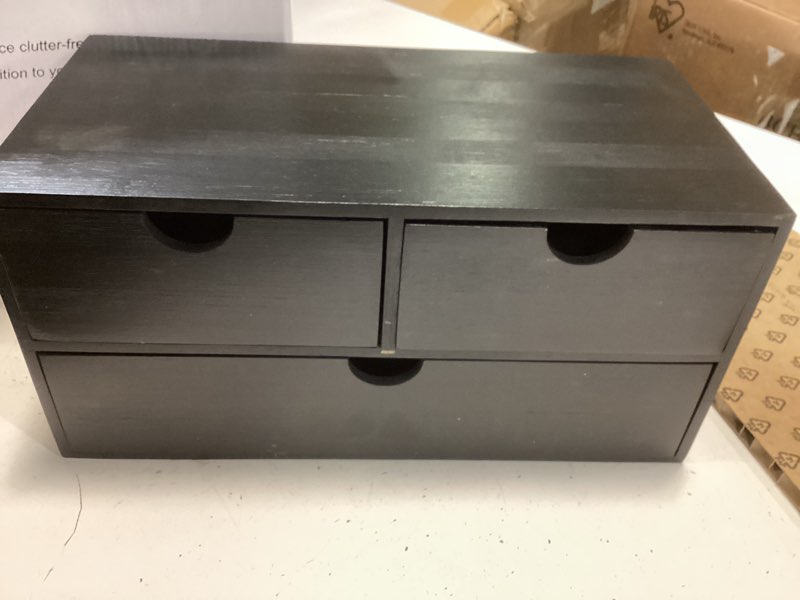Condition photo showing Good Condition for Bamboo Desk Organizer with Drawers Desktop Storage Drawers for Bills Office Supplies Kitchen Utensils Organizing Tool for Home Classroom Organization No Assembly (Black)