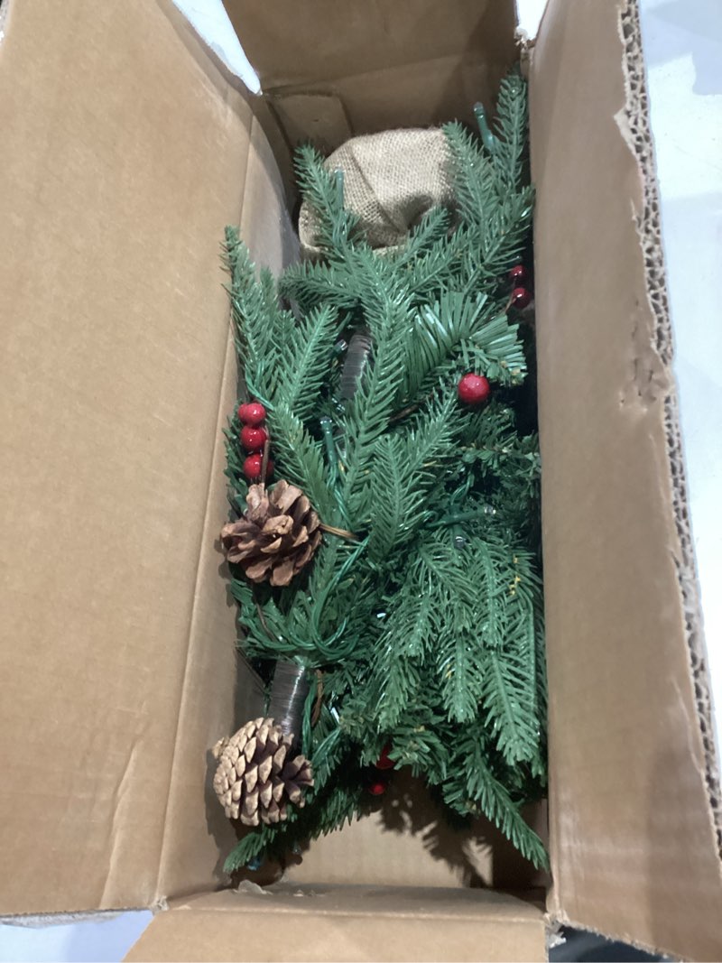 Condition photo showing Good Condition for 2ft table top christmas tree prelit,mini artificial christmas tree with 50 lights(8 modes)&177 tips&5 berries& 5 pinecones,small tabletop xmas tree with burlap base for christmas table décor