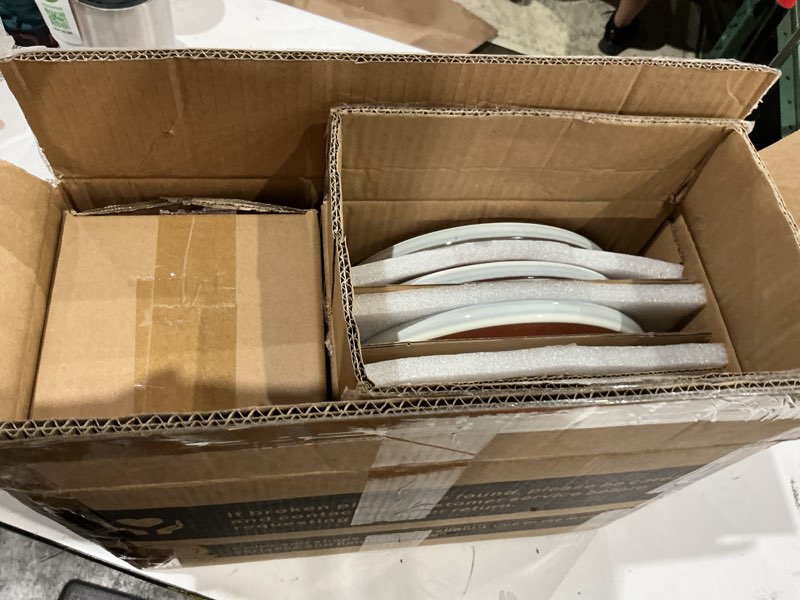 Condition photo showing Good Condition for e-far stoneware dinnerware sets for 4, 12 pieces reactive glaze plates and bowls sets, elegant dishes with rustic terracotta base, dishwasher & microwave safe, scratch resistant, glacier white glacier white service for 4