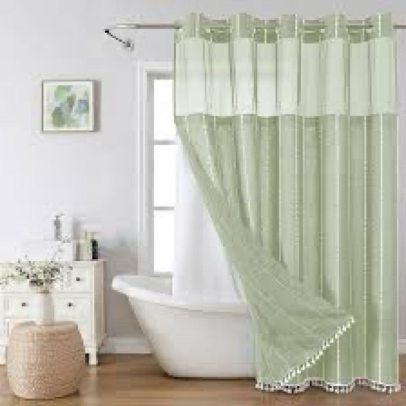 eachope extra long no hooks needed linen textured shower curtain with snap-in fabric liner set,sage 