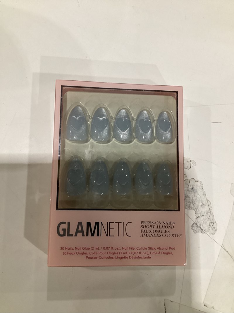 Condition photo showing Good Condition for glamnetic press on nails - short almond, velvet fake nails 30 pc full kit | everyday blue press on nails in 15 sizes. heart-print glue-on set. waterproof, chip-resistant, up to 2 weeks wear 2h - cold hearted