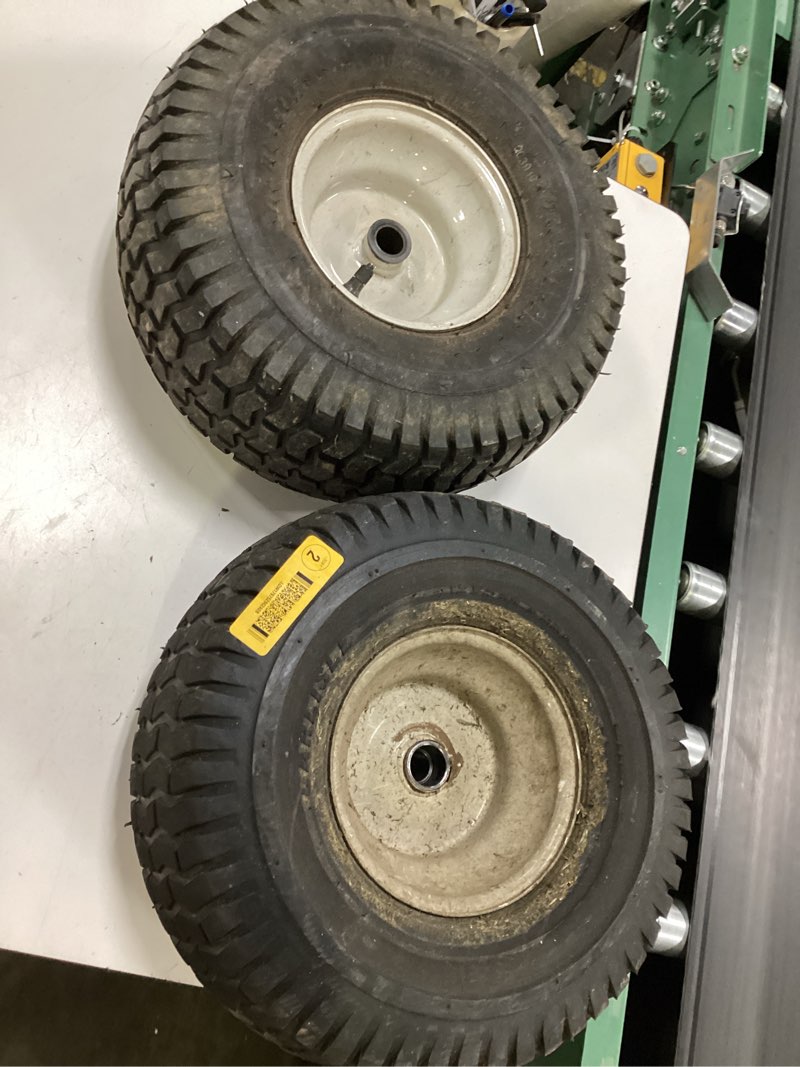 Condition photo showing As Is for rocky mountain goods 15x6.00 6 nhs lawn mower tire and wheel - replacement wheel for craftsman, john deere, cub cadet, riding mower, tractor - turf saver tread - heavy duty 4 ply - tubeless tire (2