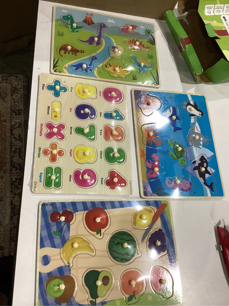 Condition photo showing Good Condition for incomplete grinnnie toddler puzzle for 2 3 4 years old, 7pcs montessori kids wooden peg puzzle set (dino animal shape number fruit..), preschool learning puzzles toy gift for boys girls birthday