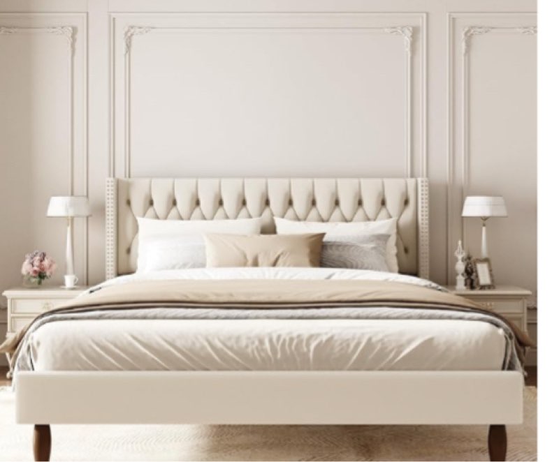 ( similar)King Size Velvet Upholstered Bed Frame, 49.2\" Tall Wingback Headboard, Deep Button Tufted, Solid Wood Legs, No Box Spring Needed, White