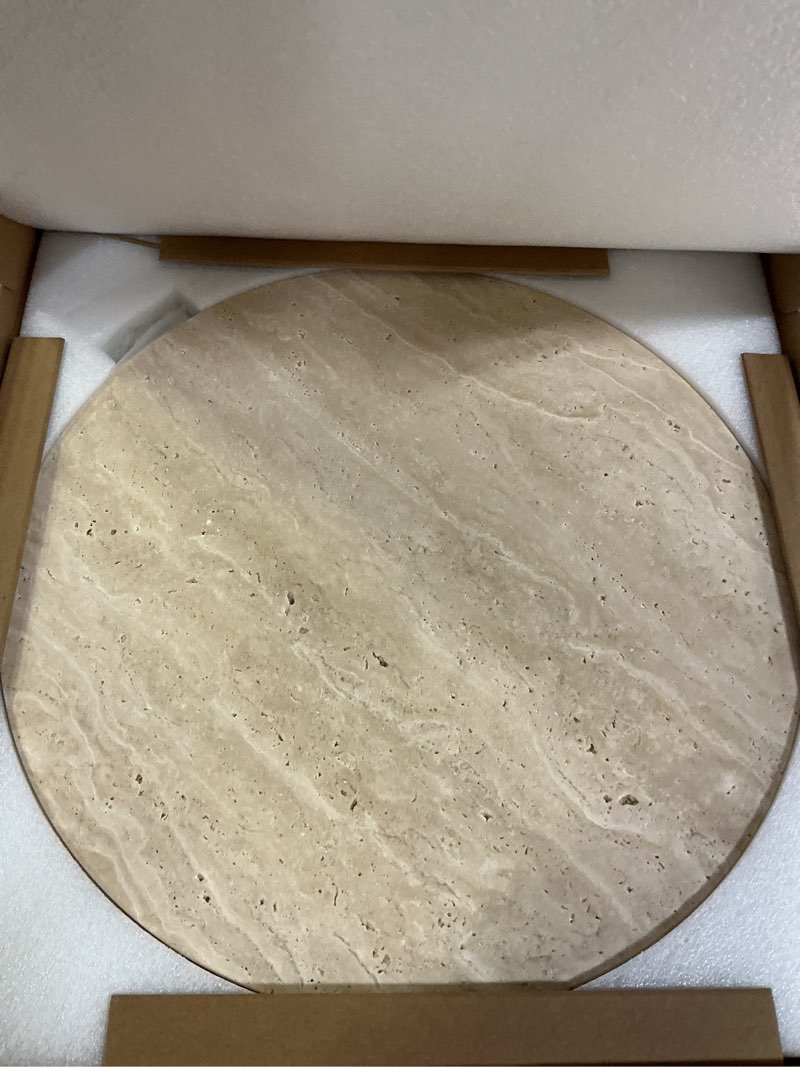 Condition photo showing New/Like New for koville 16'' beige marble lazy susan travertine turntable for kitchen dinning, marble lazy susans organizer for cabinet, serving rotation spinning tabletop organizer swiveling, spice rack storage light travertine 16''