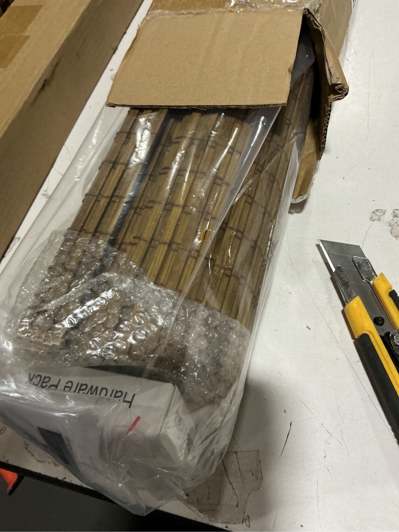 Condition photo showing New/Like New for lazblinds cordless bamboo roman shades, privacy blinds for interior windows, room darkening roll up bamboo blinds for home & patio, 22.5" w x 48" h, highfield teak pricacy - highfield teak 22.5" w x 48" h