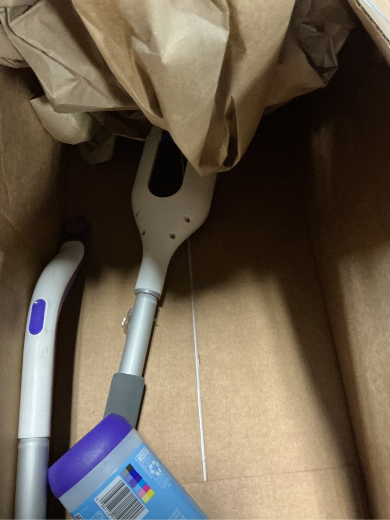 Condition photo showing As Is for swiffer powermop multi-surface mop kit for floor cleaning, fresh scent, mopping kit includes powermop, 2 mopping pad refills, 1 floor cleaning solution with fresh scent and 2 batteries purple and white