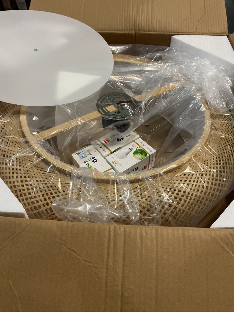 Condition photo showing New/Like New for Bamboo Flush Mount Ceiling Light Handwoven Rattan Light Fixture, 3 Lights Boho Ceiling Lamp for Bedroom, Living Room (23-inch)