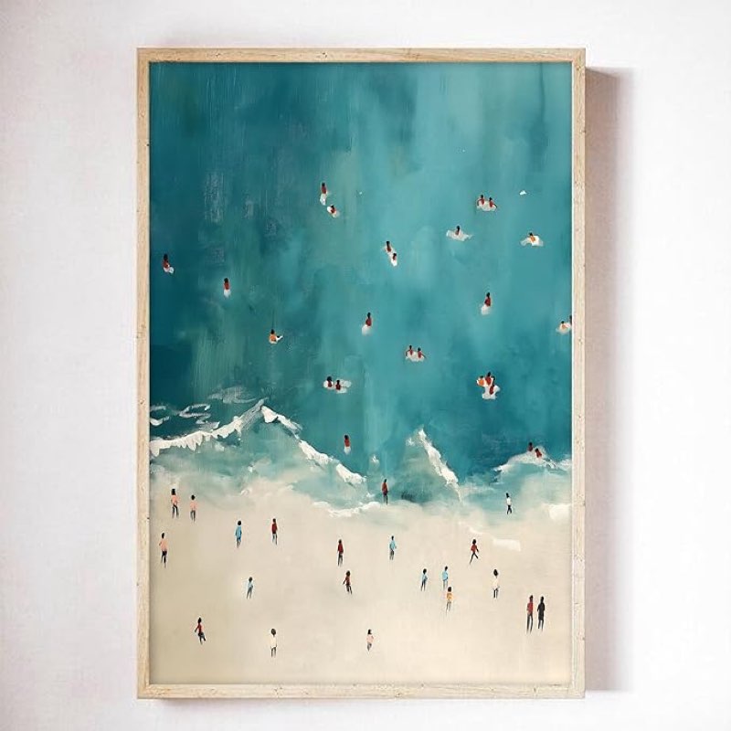 Coastal Beach Pictures Abstract Seascape Painting Swimming Canvas Wall Art Blue Beach Artwork Summer Ocean Posters Trendy Coastal Prints Vintage Summer Wall Art Sea Waves Poster 16x24inch No Frame