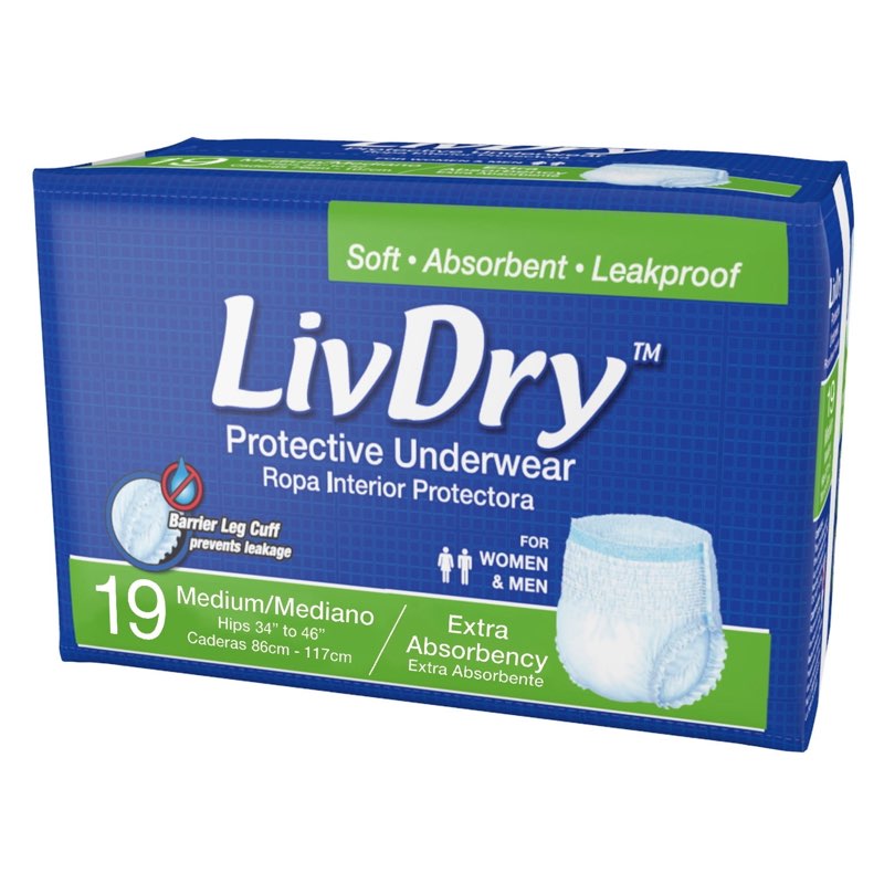 livdry adult incontinence underwear, extra absorbency adult diapers, leak protection, medium, 19-pack medium (3packs)