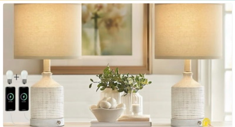 Oneach 3 Way Dimmable Table Lamp Set of 2 with USB Ports  20  Ceramic Farmhouse Touch Control Bedside Lamps for Living Room Bedroom Nightstand
