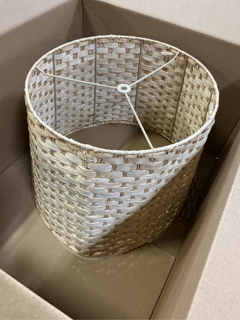 Condition photo showing As Is for Aspen Creative 31603, Drum Spider Lamp Shade, Natural Palm Leaf, 12" Top x 12" Bottom x 9" Height