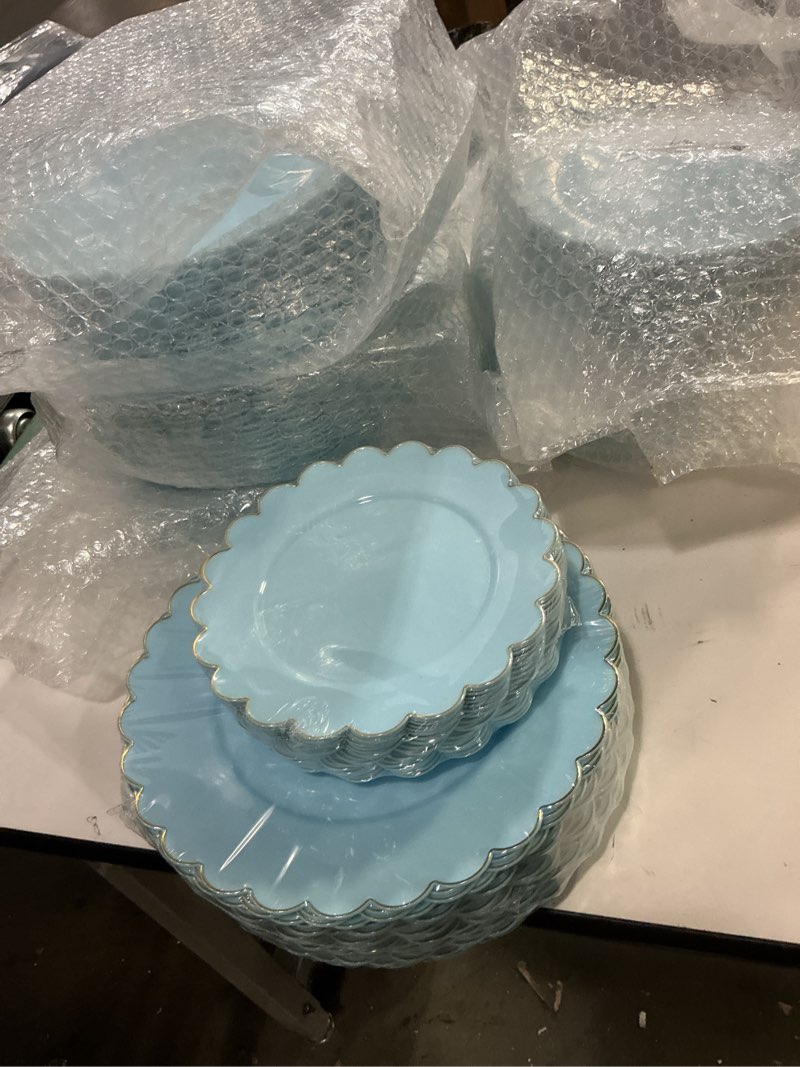 Condition photo showing Good Condition for (120 plates Large, 120 plates small). Lullaby 60PCS Light Blue Plastic Plates with Gold Rim, Includes 30PCS Dinner Plate 10'' and 30PCS Dessert Plate 7.5'', Baby Blue Plastic Plates for Party, Wedding and Daily Use Blue-60pcs