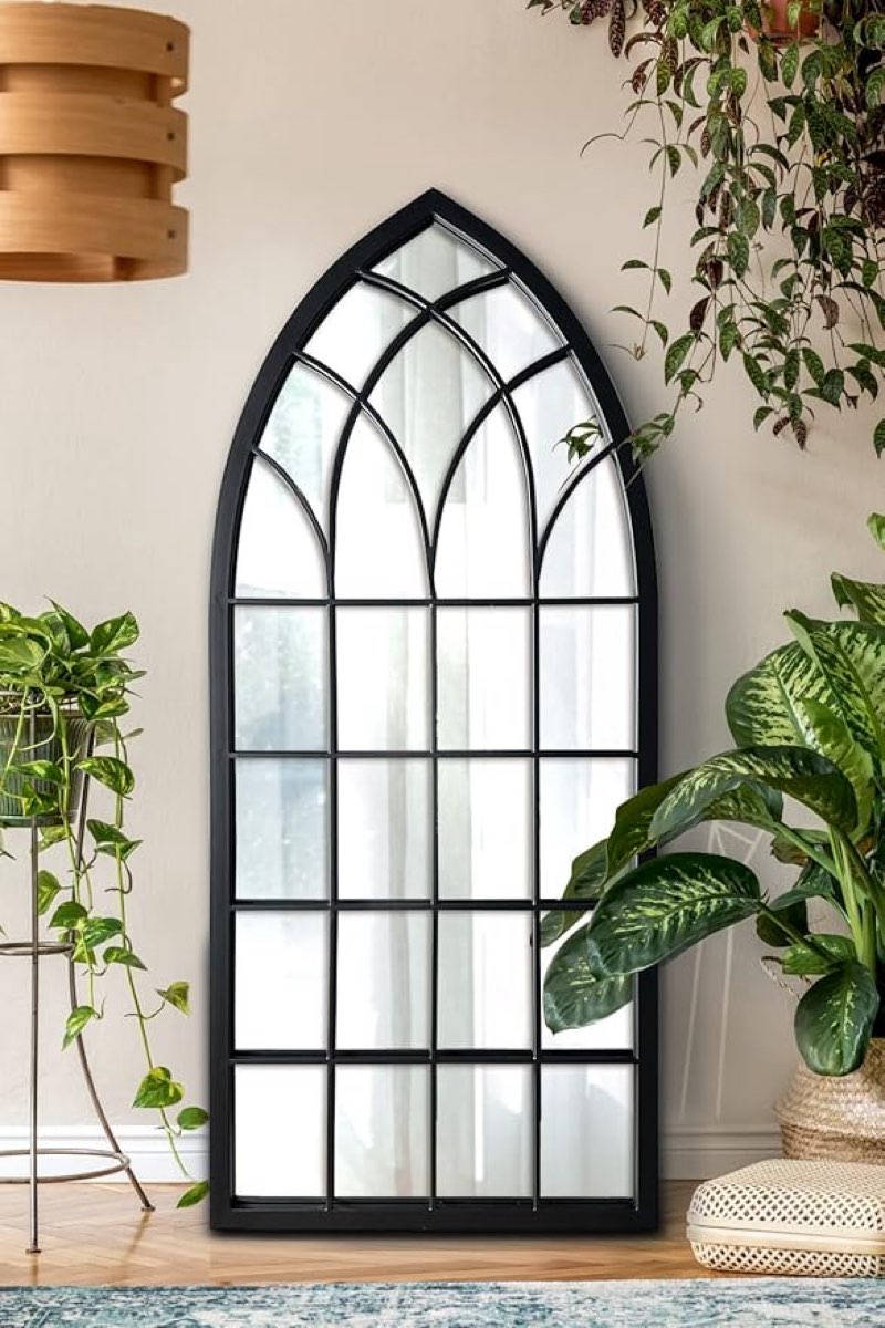 Black Window Mirrors for Wall Decor, Farmhouse Wide Arched Mirror, Wood Framed Decorative Mirror for Living Room, Entryway, Hallway, Fireplace, 42“X28” Black 28"L x 42"W