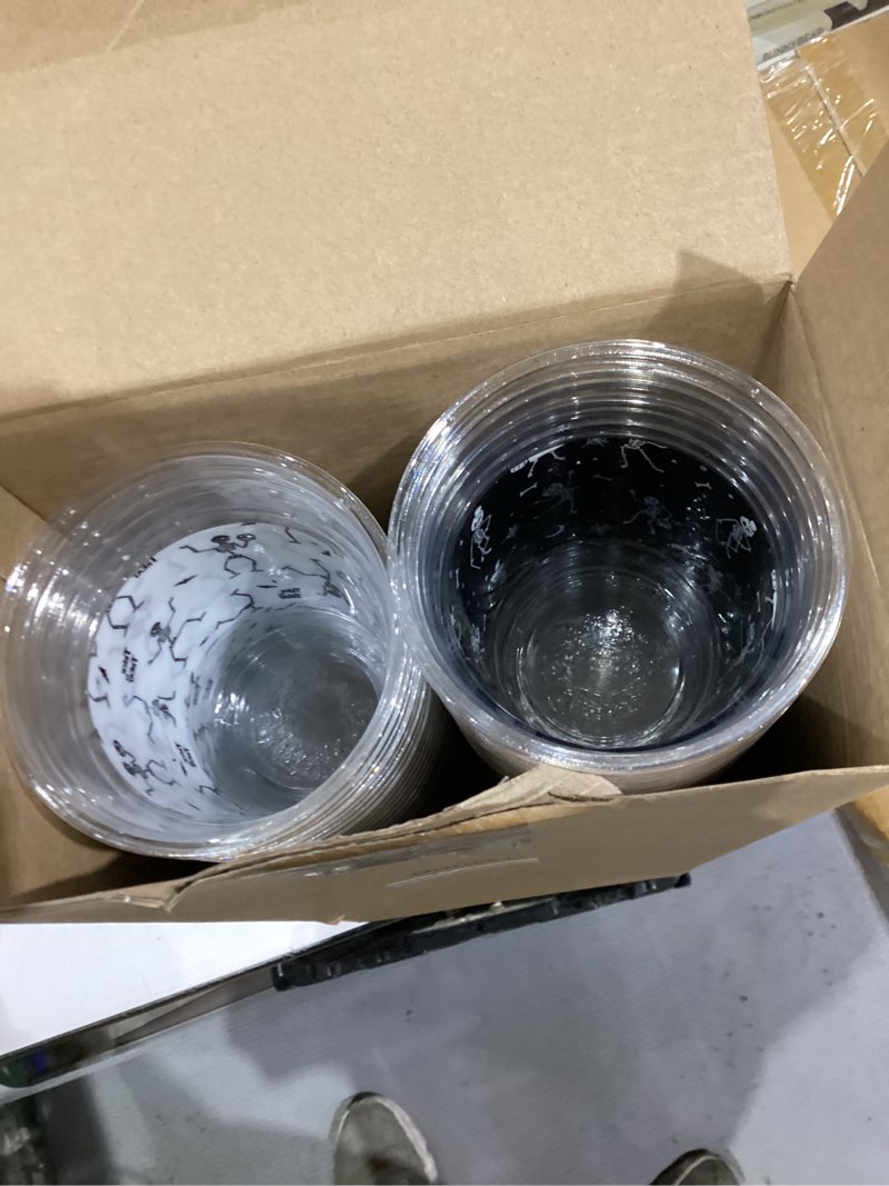 Condition photo showing As Is for Bokon 100 Pcs Halloween 12 oz Plastic Cups Disposable Cocktail Glasses Happy Halloween Cute Disposable Cups for Coffee Juice Hot Cold Drinks Party Supplies (Black and White,Skeleton) Black/White Skeleton