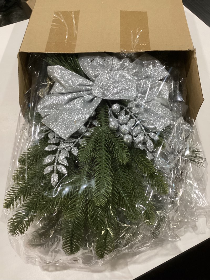 Condition photo showing New/Like New for Hiboom 3 Pack Artificial Christmas Teardrop Swags 24" Xmas Cordless Prelit Stairway Swag Christmas Garland Stairs Rails Decoration with LED Lights for Indoor Outdoor(Silver,Classic Style) Silver Classic Style