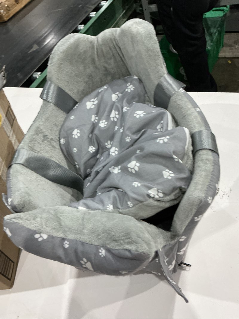 Condition photo showing As Is for cullaby console dog car seat with safety leashes, dog car booster seat for 0-15lbs small dogs, pet car travel safety seat with storage pockets detachable dog seat belt for car (grey) grey console dog car seat under 15 lbs