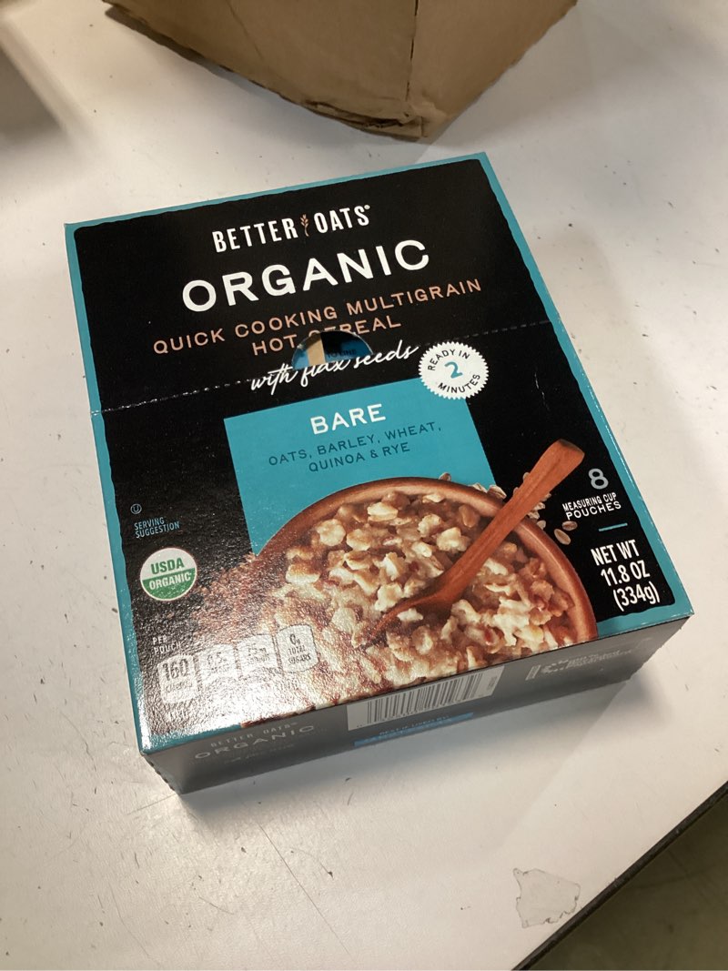 Condition photo showing New/Like New for Better Oats Bare Organic Multigrain Hot Cereal Packets, Instant Oatmeal, Thick and Hearty Texture, USDA Organic, Box of 8 Pouches (Pack of 6)