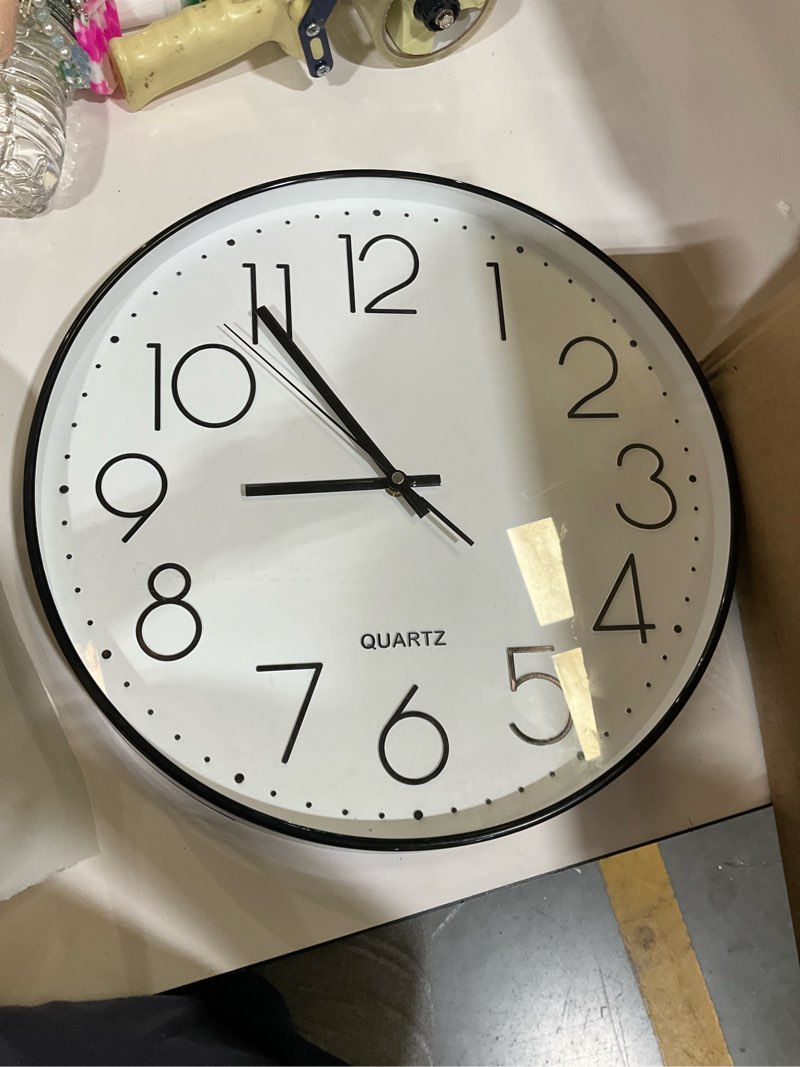 Condition photo showing As Is for bernhard products black wall clock silent non ticking quality quartz battery operated round easy to read home/office/kitchen/classroom/school clock sweep movemen