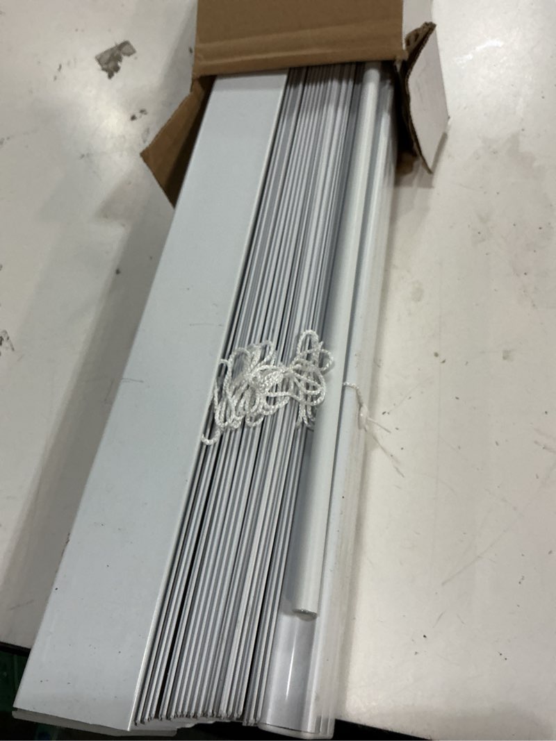 Condition photo showing As Is for project source premium 2-in slat width 30-in x 64-in cordless white vinyl room darkening horizontal blinds