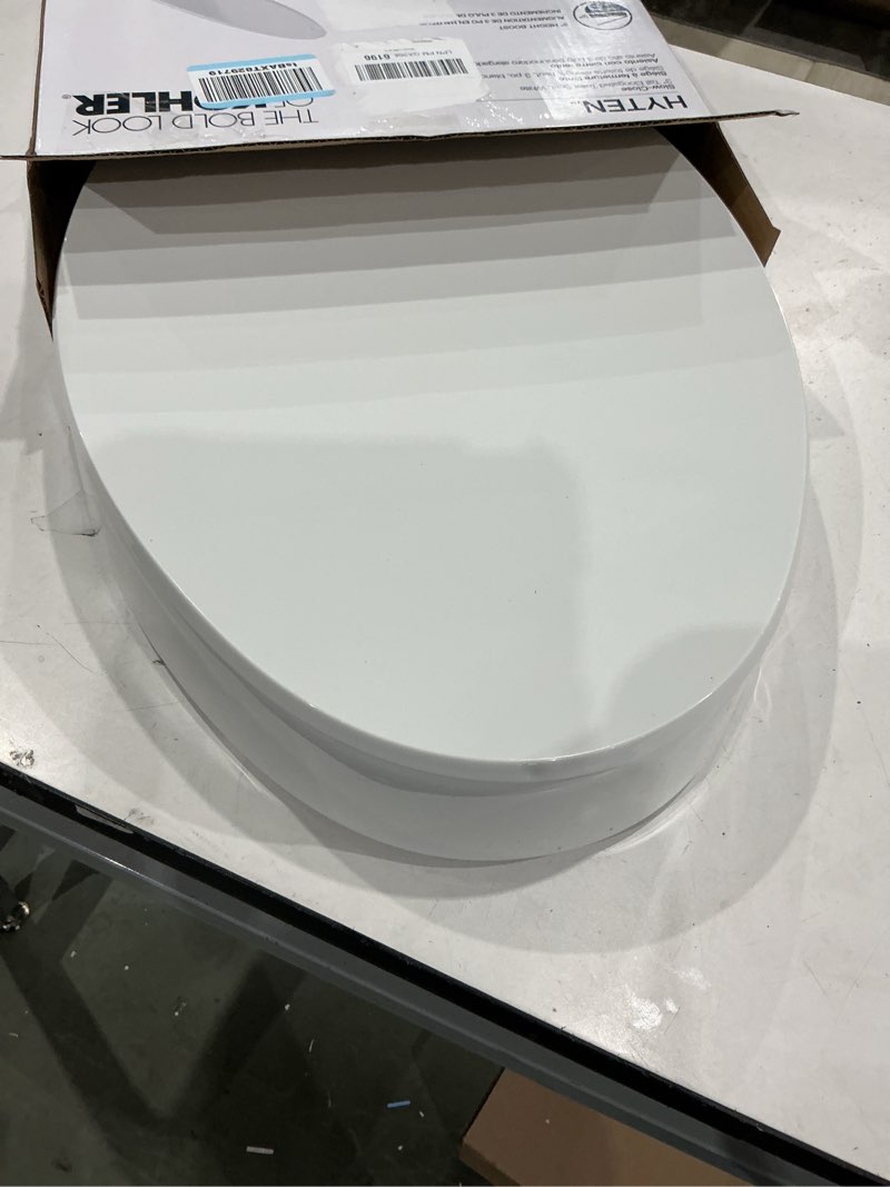 Condition photo showing As Is for kohler 25875-0 hyten 3" height, elevated soft close elongated toilet seat, contoured seat with grip-tight bumpers, quick-attach hardware, no slam toilet seat, white white elongated
