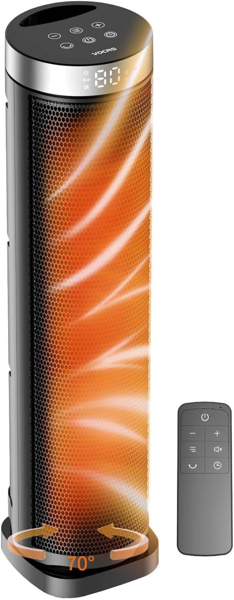 space heater for indoor use with remote - 70° oscillating tower electric heater, 24 inchs, 12h timer, 1500w quiet ptc ceramic heating with thermostat, fast safety heat for office, home, bedroom