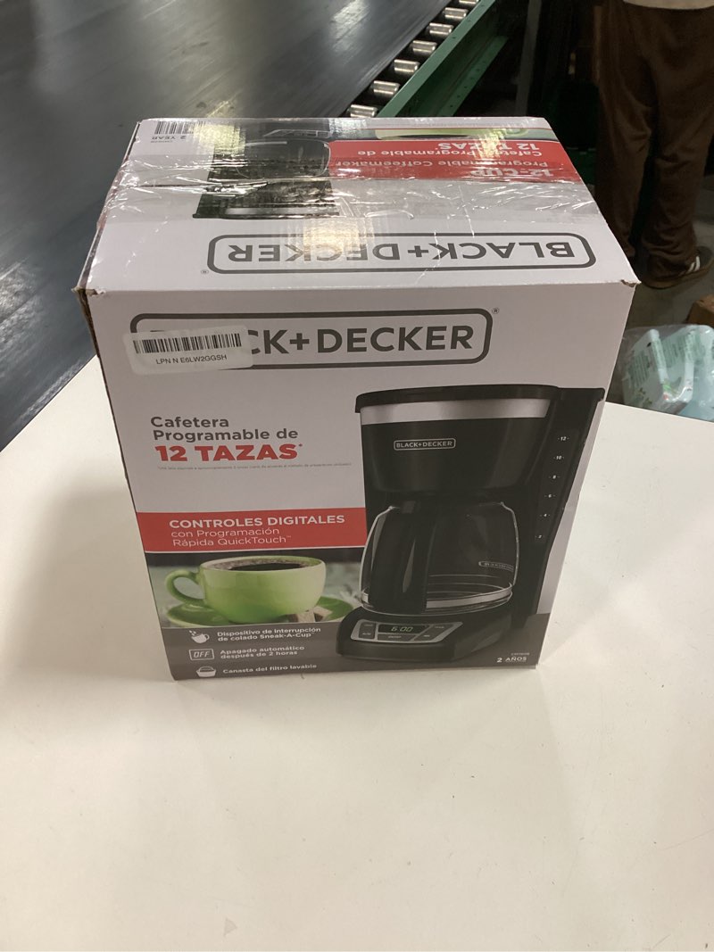 Condition photo showing New/Like New for black+decker 12-cup digital coffee maker, programmable, washable basket filter, sneak-a-cup, auto brew, water window, keep hot plate, black
