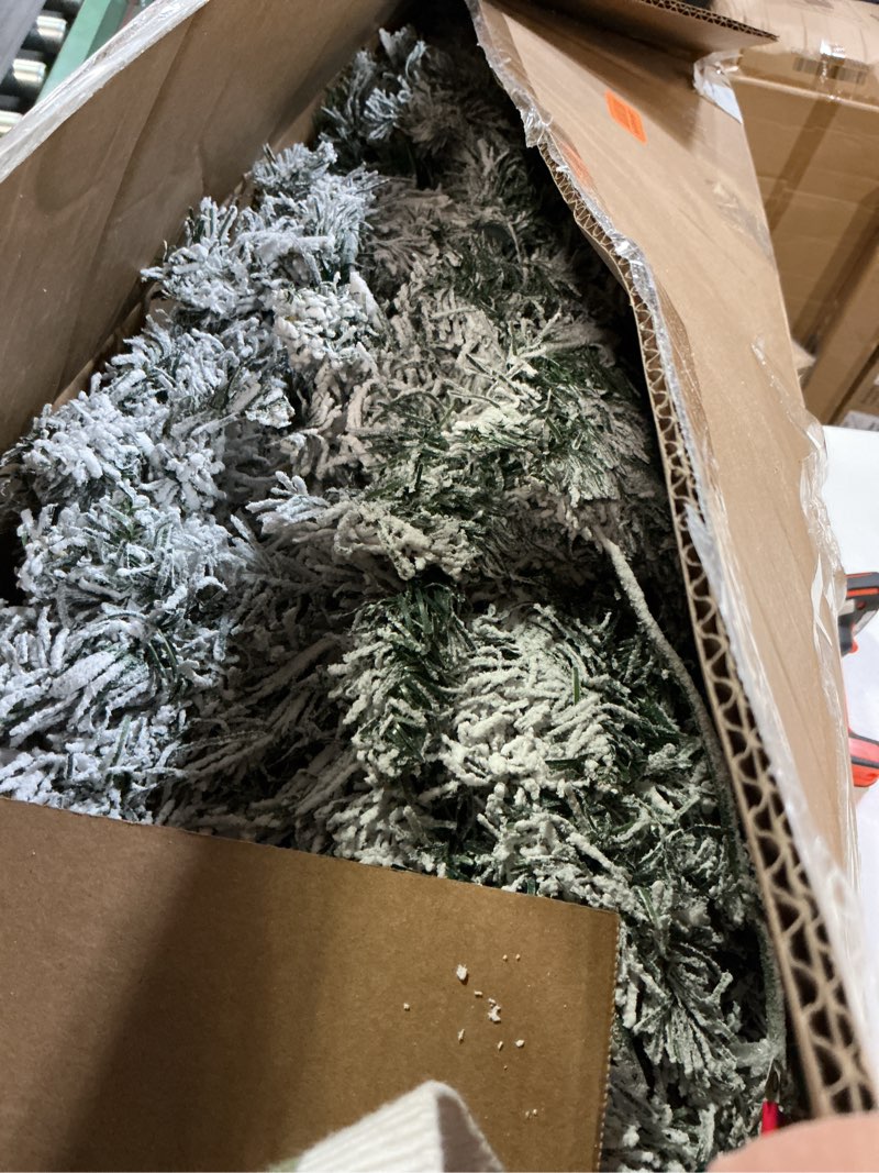 Condition photo showing As Is for 7.5FT Prelit Flocked Christmas Tree with Pine Cone, Premium Artificial Christmas Tree with 550 Lights & 1474 Branch Tips, Pre Lit Hinged Xmas Tree with Memory Wire Technology for Holiday Decoration 7ft 6in White Flocked