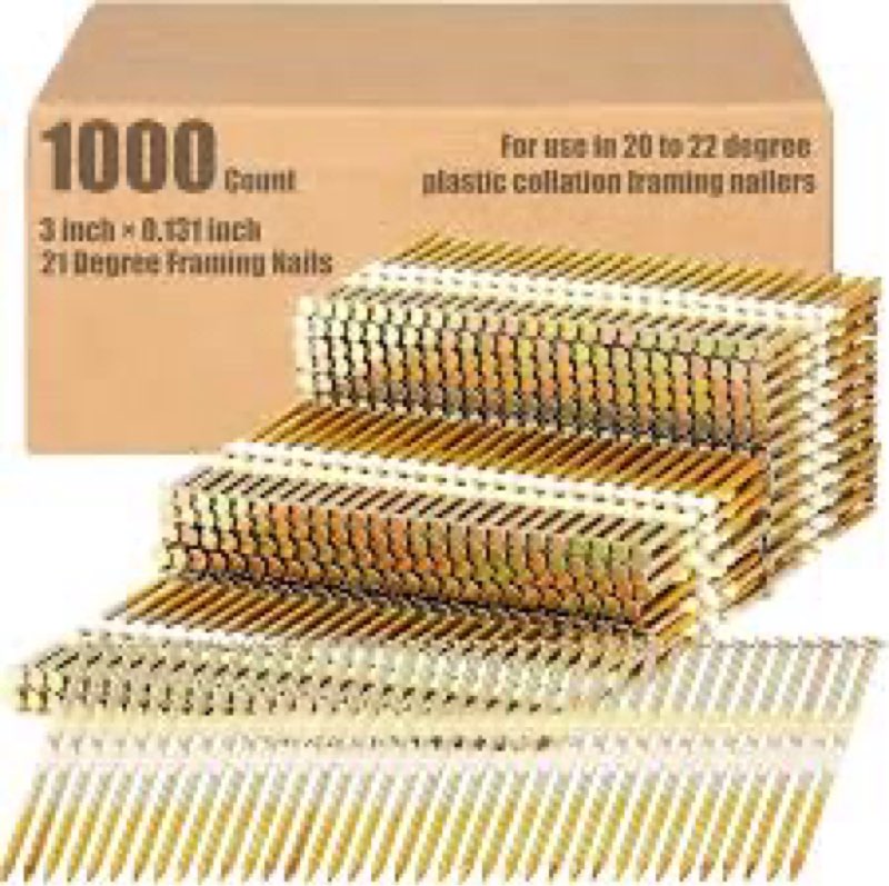 Pasimy 1000 Per Box 3 x 0.131 Inch Framing Nails 21 EG Degree Smooth Shank Plastic Collated Galvaniz