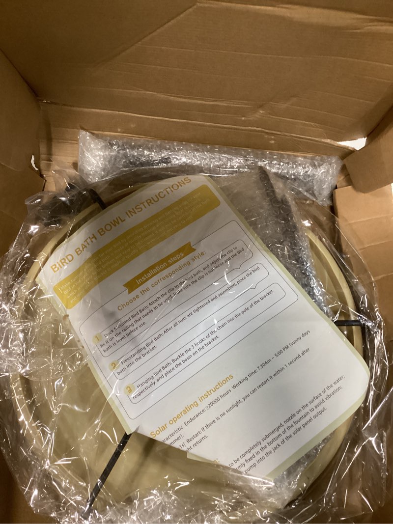 Condition photo showing New/Like New for 15.7 extra large solar powered bird bath with fountain with 1.67 gallon capacity,5 prong stake bird bath for outdoor,hummingbird drinking bowl with solar fountain pump set,4 water patterns for garden