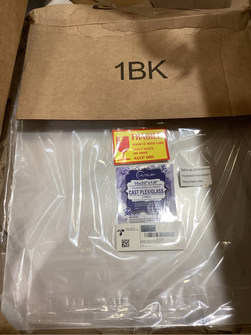 Condition photo showing As Is for CALPALMY (2 Pack) 1/8" Thick Clear Acrylic Sheets - 16"x20" Pre-Cut Plexiglass Sheets for Craft Projects, Signs, Display Cases, Sneeze Guard and More - Cut with Engraver, Power Saw or Hand Tools 16"x20", 1/8" Thick Clear 2