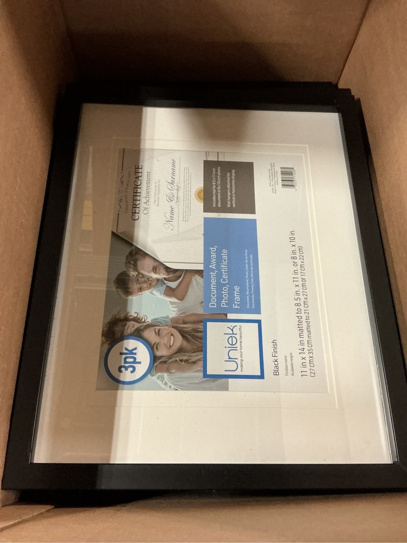 Condition photo showing As Is for 4 pcs uniek gallery photo/document picture frames, 11\" x 14\" with mat, black, set of 3 picture frames