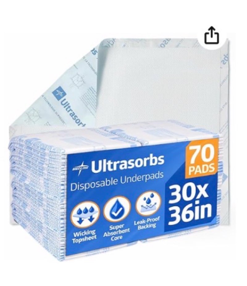 medline ultrasorbs drypads with slipresist technology, 30" x 36", 70 count, super absorbent disposable bed pads, incontinence bed pads, adult bed pads, 10x more absorbent, chucks for adults, elderly