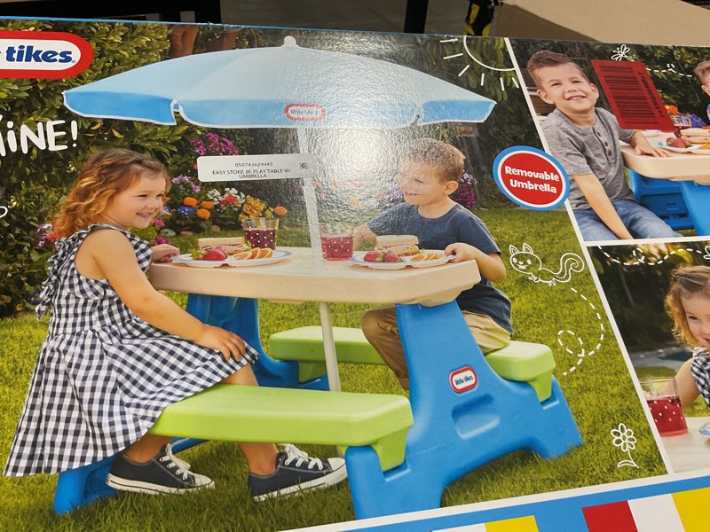 Condition photo showing New/Like New for little tikes easy store jr. picnic table with umbrella - blue / green blue/green junior