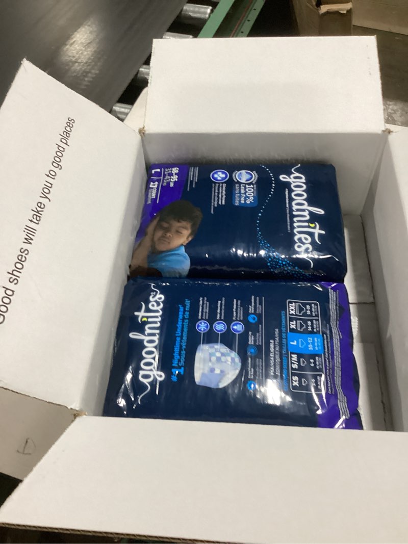 Condition photo showing New/Like New for Goodnites Boys' Nighttime Bedwetting Underwear, Size Large (68-95 lbs), 34 Ct (2 Packs of 17), Packaging May Vary Large 34
